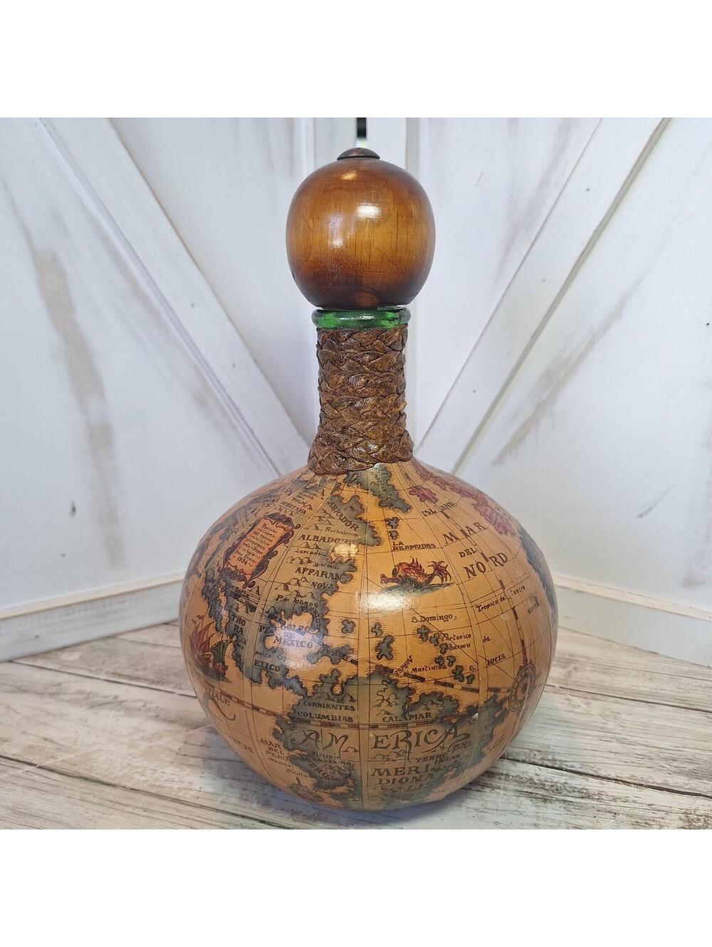 VTG Leather Wrapped Decanter Green Glass Bottle Old World Map w/Stopper Italy